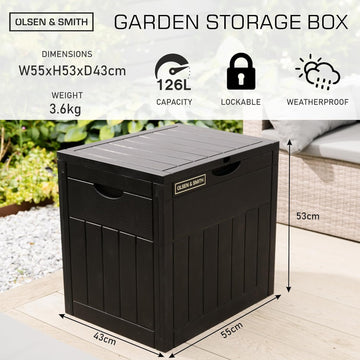 Olsen & Smith Lockable Outdoor Garden Plastic Storage Box Container Chest Lawn Balcony Furniture, Weather Resistant, Wood Panel Effect (126L)
